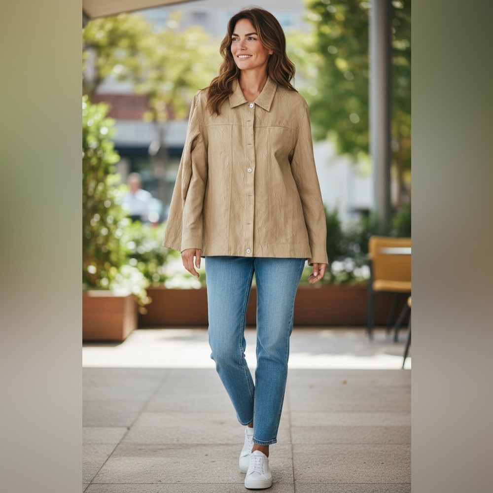 Chico's Beige Jacket Size 2/L Long Sleeve Polyester Button-up